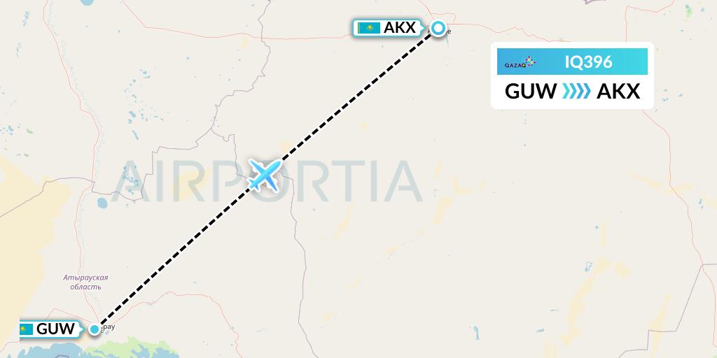 IQ396 Qazaq Air Flight Map: Atyrau to Aktobe