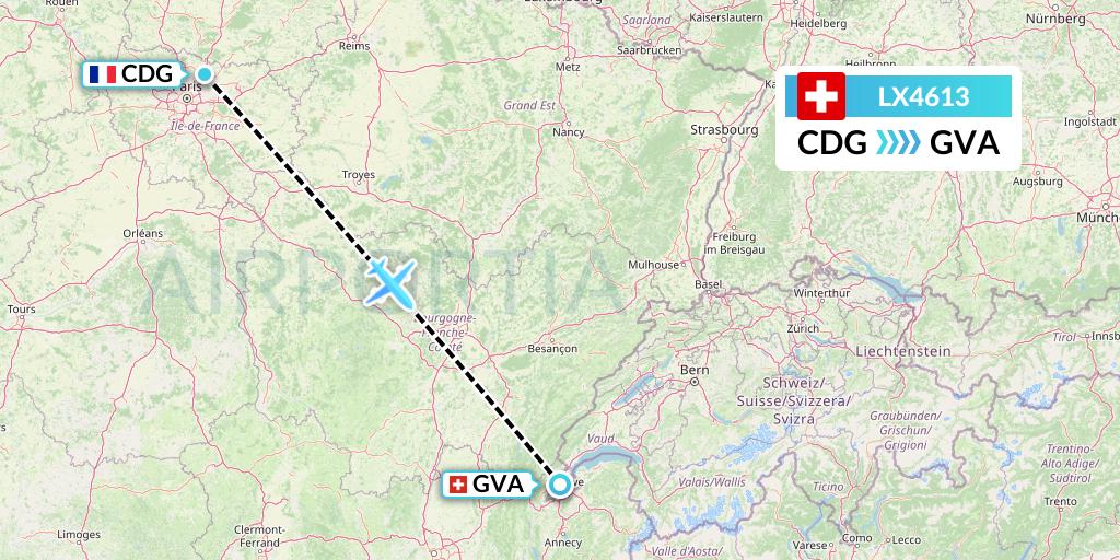 LX4613 Swiss Flight Map: Paris to Geneva