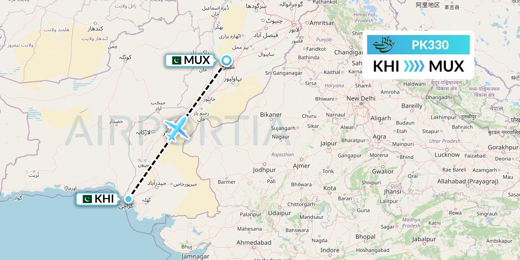 PK330 Pakistan International Airlines Flight Map: Karachi to Multan