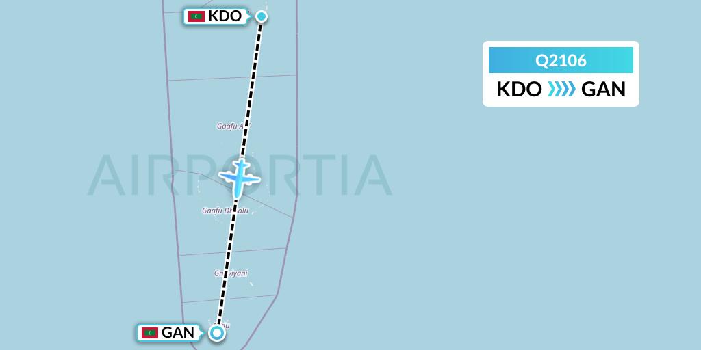 Q2106 Maldivian Flight Map: Kadhdhoo Island to Gan Island