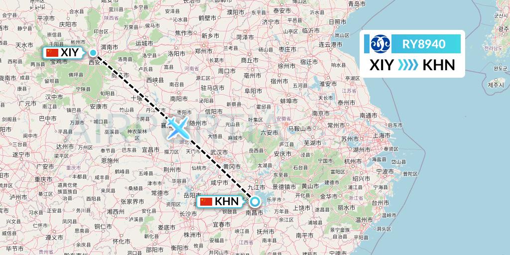 RY8940 Jiangxi Air Flight Map: Xi'an to Nanchang
