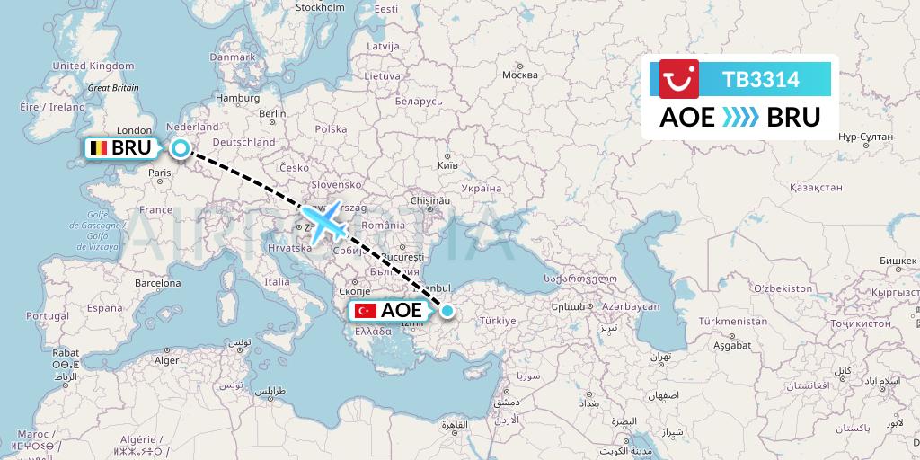 TB3314 TUI fly Belgium Flight Map: Eskisehir to Brussels