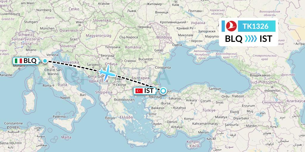 TK1326 Turkish Airlines Flight Map: Bologna to Istanbul