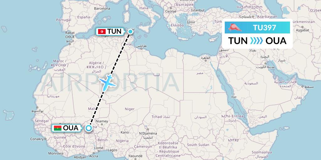 TU397 Tunisair Flight Map: Tunis to Ouagadougou