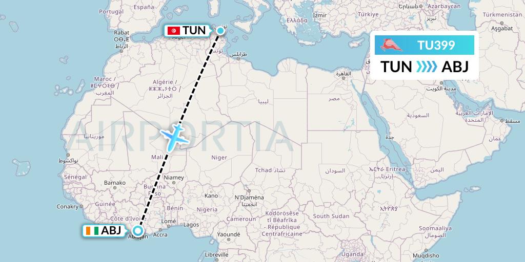 TU399 Tunisair Flight Map: Tunis to Abidjan