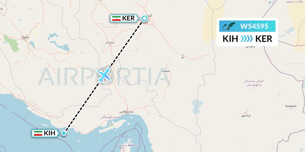 W54595 Mahan Air Flight Map: Kish Island to Kerman