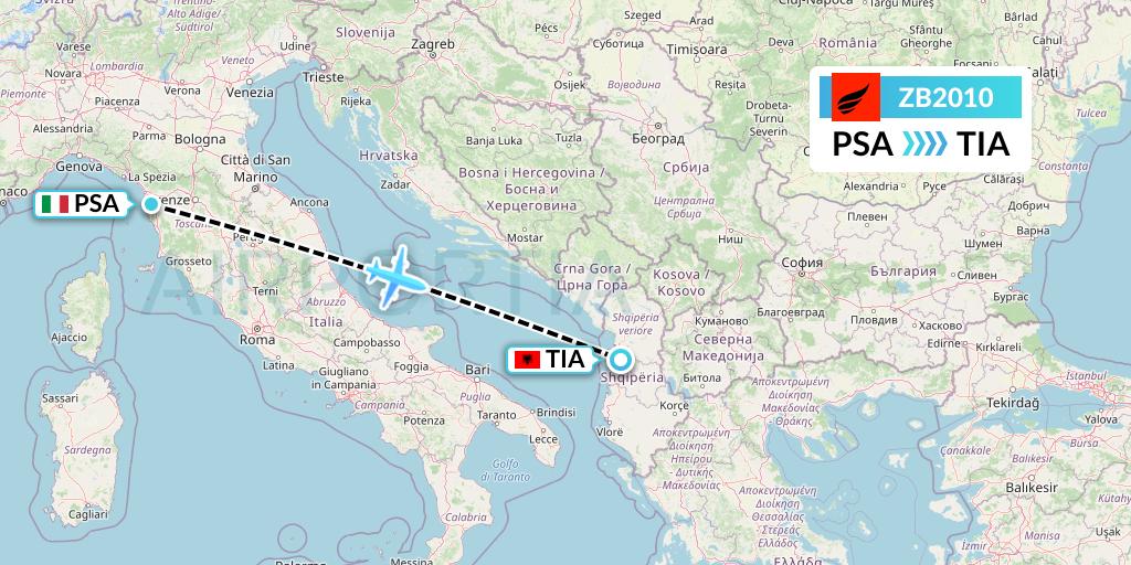 ZB2010 Air Albania Flight Map: Pisa to Tirana