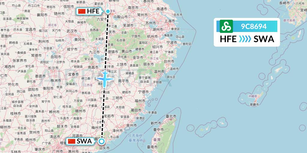 9C8694 Spring Airlines Flight Map: Hefei to Jieyang