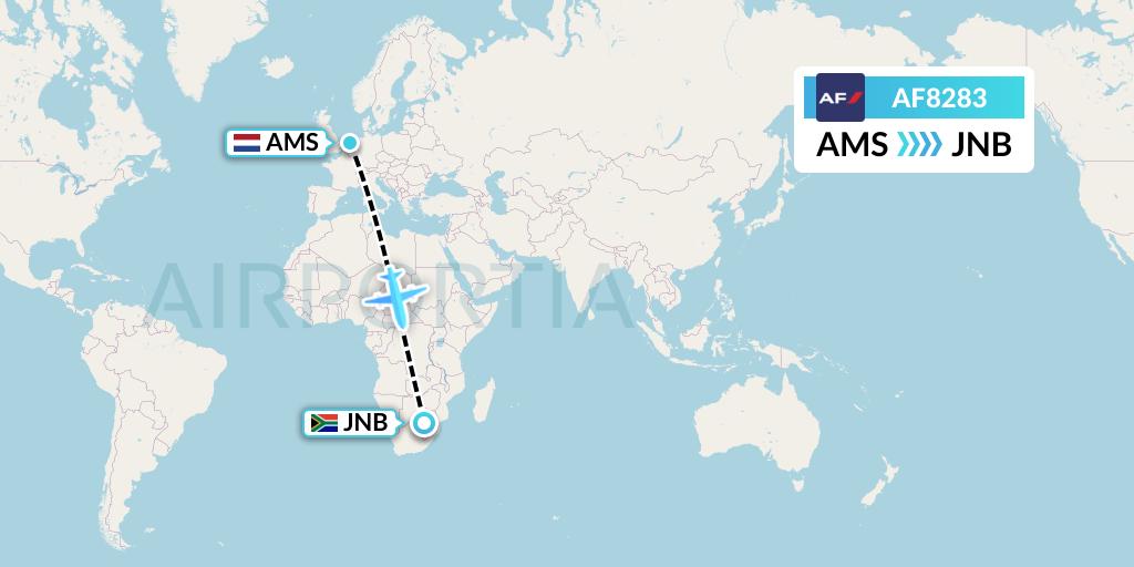 AF8283 Air France Flight Map: Amsterdam to Johannesburg