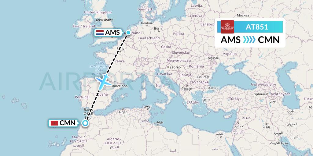 AT851 Royal Air Maroc Flight Map: Amsterdam to Casablanca