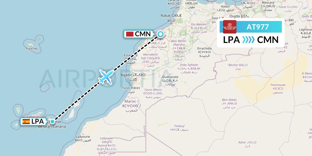 AT977 Royal Air Maroc Flight Map: Las Palmas to Casablanca