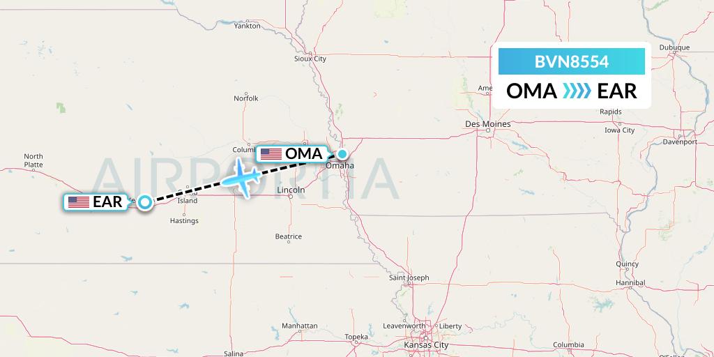 BVN8554 Baron Aviation Services Flight Map: Omaha to Kearney
