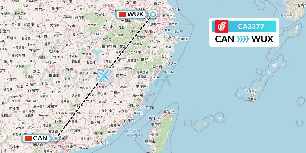 CA3377 Air China Flight Map: Guangzhou to Wuxi