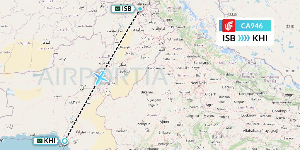 CA946 Air China Flight Map: Islamabad to Karachi