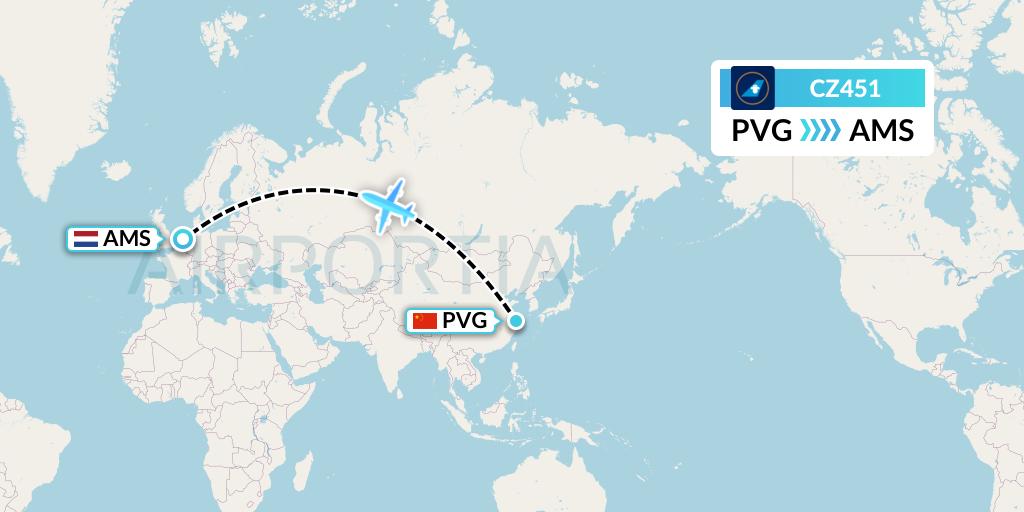 CZ451 China Southern Airlines Flight Map: Shanghai to Amsterdam