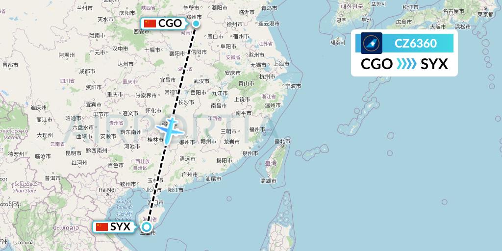 CZ6360 China Southern Airlines Flight Map: Zhengzhou to Sanya