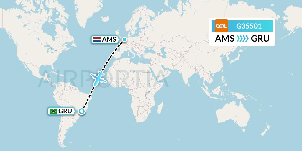 G35501 GOL Transportes Aeros Flight Map: Amsterdam to Sao Paulo