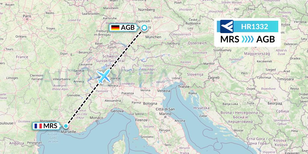 HR1332 Hahn Air Flight Map: Marseille to Augsburg