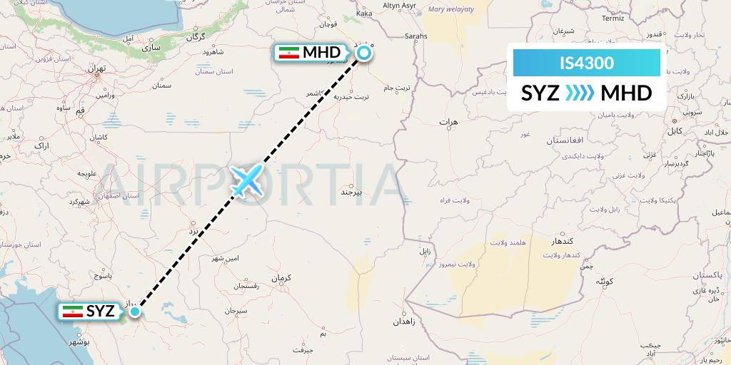 IS4300 Sepehran Airlines Flight Map: Shiraz to Mashhad