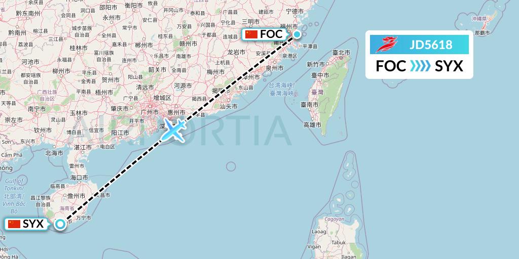 JD5618 Capital Airlines Flight Map: Fuzhou to Sanya