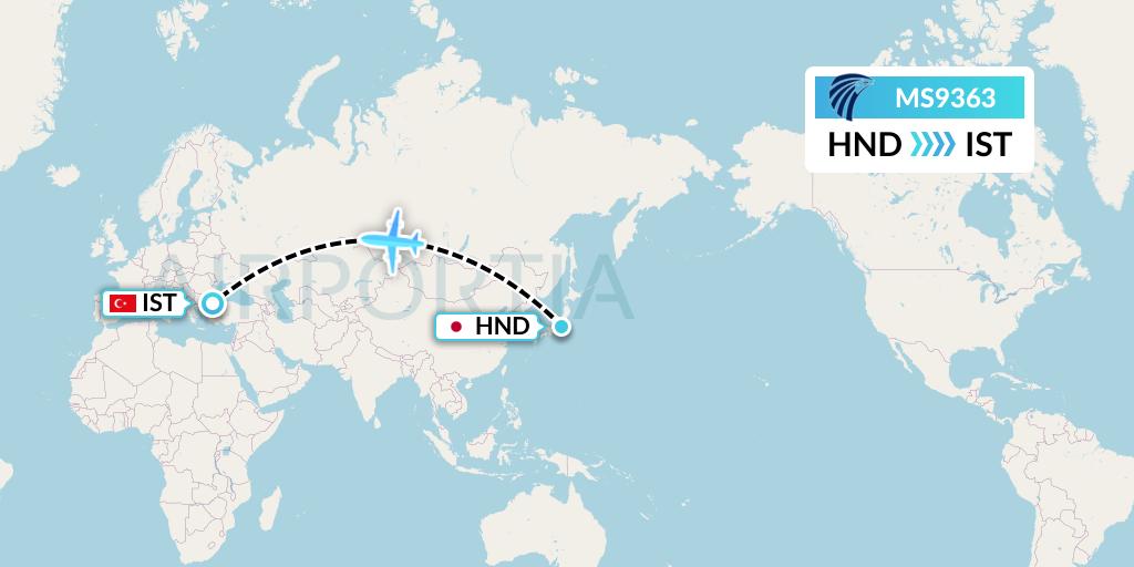 MS9363 EgyptAir Flight Map: Tokyo to Istanbul