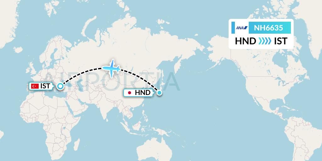 NH6635 All Nippon Airways Flight Map: Tokyo to Istanbul