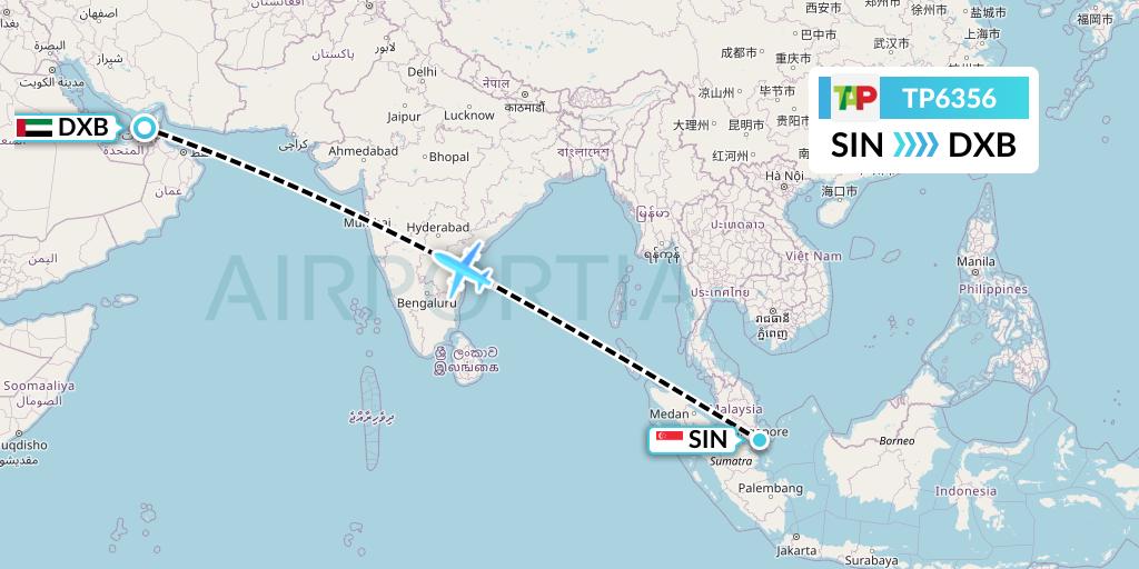 TP6356 TAP Portugal Flight Map: Singapore to Dubai