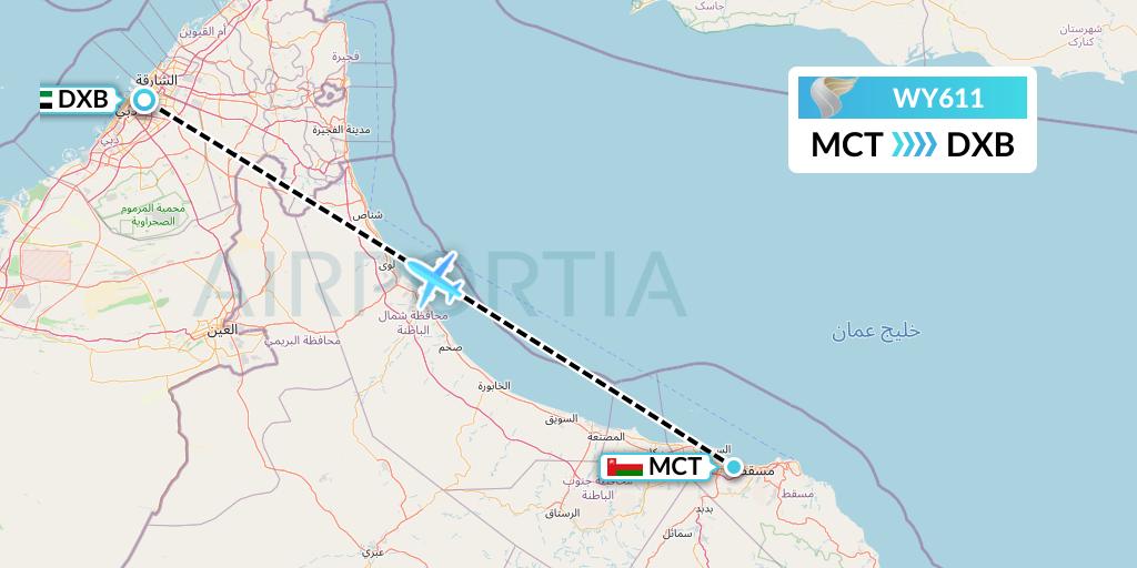 WY611 Oman Air Flight Map: Muscat to Dubai