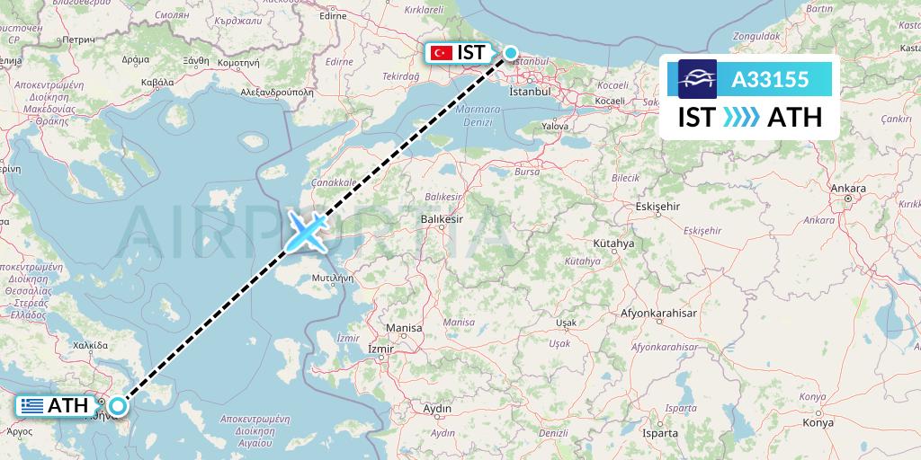 A33155 Aegean Airlines Flight Map: Istanbul to Athens