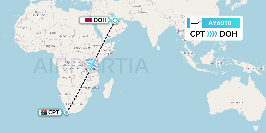 AY6010 Finnair Flight Map: Cape Town to Doha