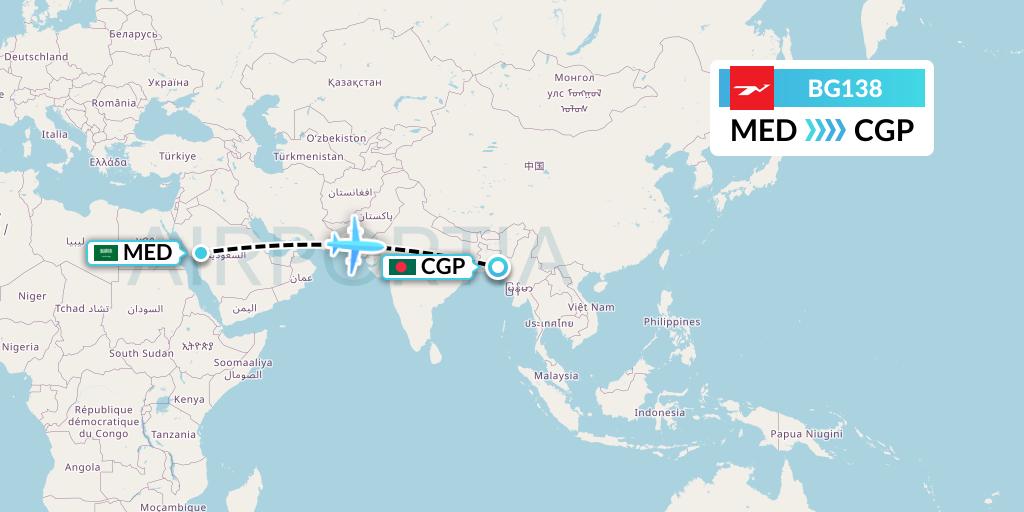 BG138 Biman Bangladesh Airlines Flight Map: Medina to Chittagong