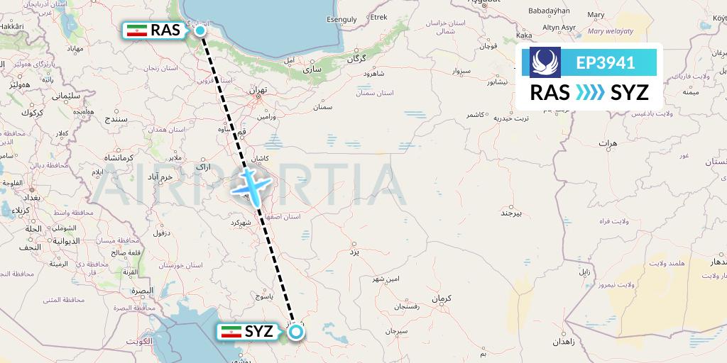 EP3941 Iran Aseman Airlines Flight Map: Rasht to Shiraz