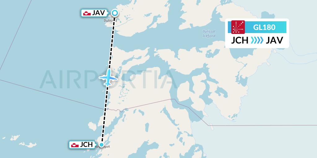 GL180 Air Greenland Flight Map: Qasigiannguit to Ilulissat