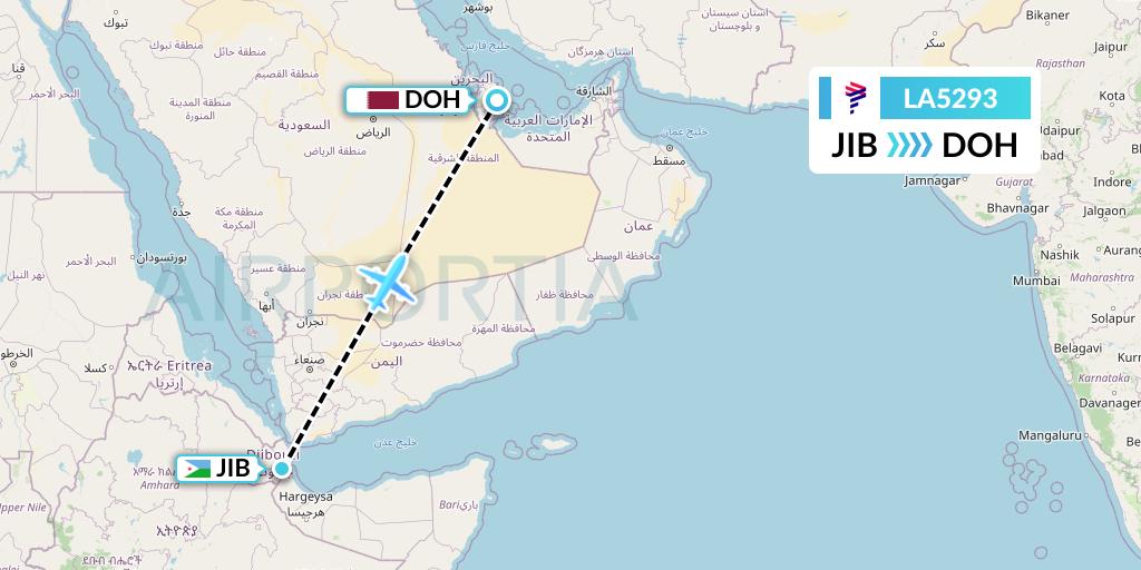 LA5293 LAN Airlines Flight Map: Djibouti to Doha