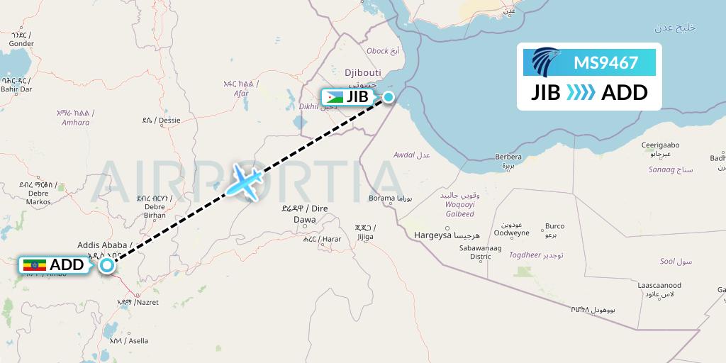 MS9467 EgyptAir Flight Map: Djibouti to Addis Ababa