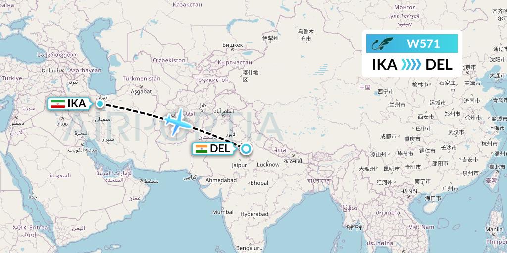 W571 Mahan Air Flight Map: Tehran to Delhi