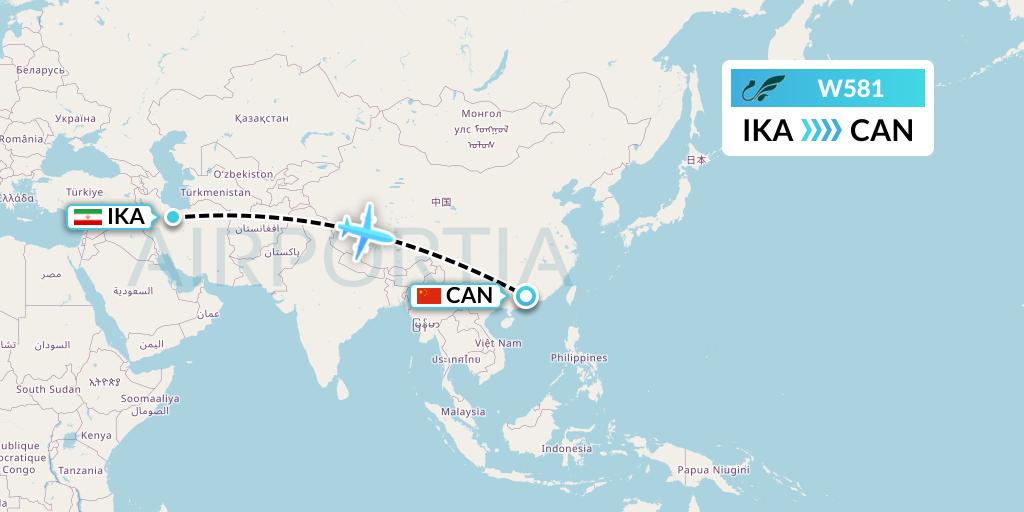 W581 Mahan Air Flight Map: Tehran to Guangzhou