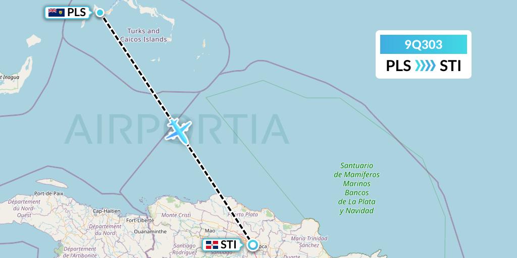 9Q303 Caicos Express Airways Flight Map: Providenciales to Santiago de los Caballeros