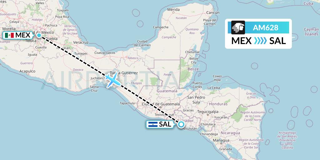 AM628 Aeromexico Flight Map: Mexico City to San Salvador