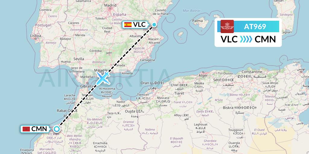 AT969 Royal Air Maroc Flight Map: Valencia to Casablanca