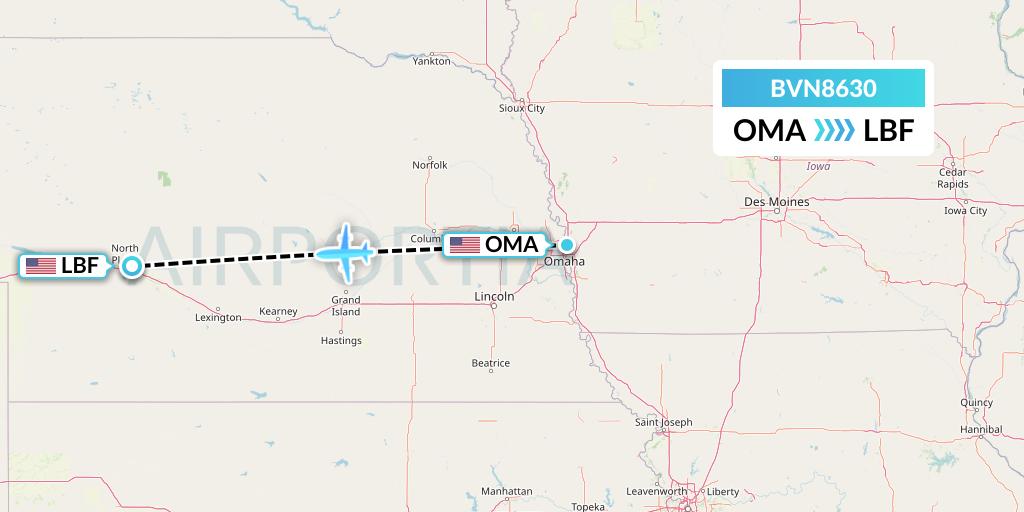 BVN8630 Baron Aviation Services Flight Map: Omaha to North Platte