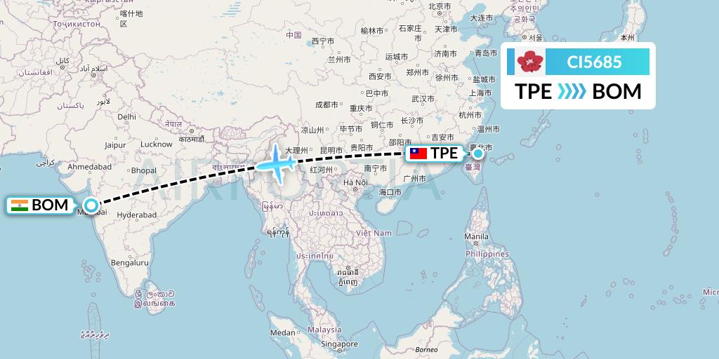 CI5685 China Airlines Flight Map: Taipei to Mumbai