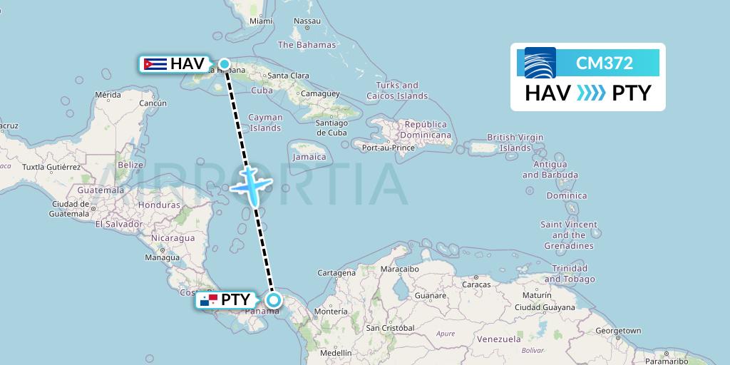 CM372 Copa Airlines Flight Map: Havana to Panama City