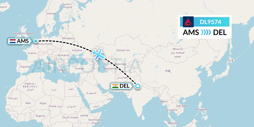 DL9574 Delta Air Lines Flight Map: Amsterdam to Delhi