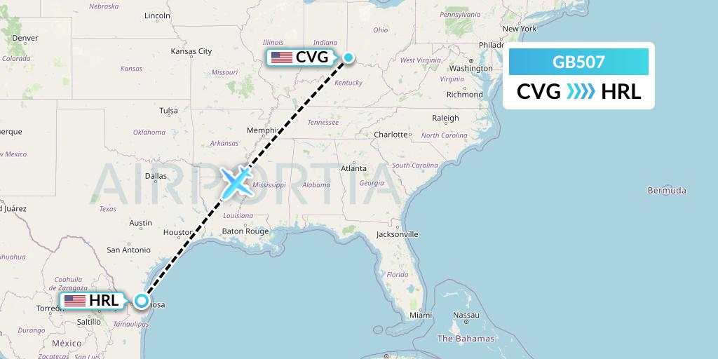 GB507 ABX Air Flight Map: Cincinnati to Harlingen