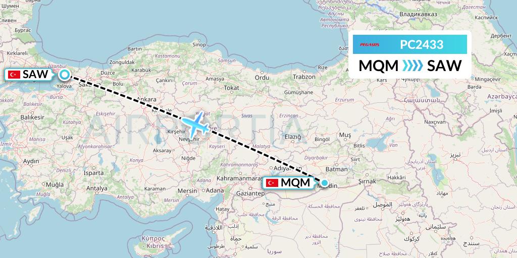 PC2433 Pegasus Airlines Flight Map: Mardin to Istanbul