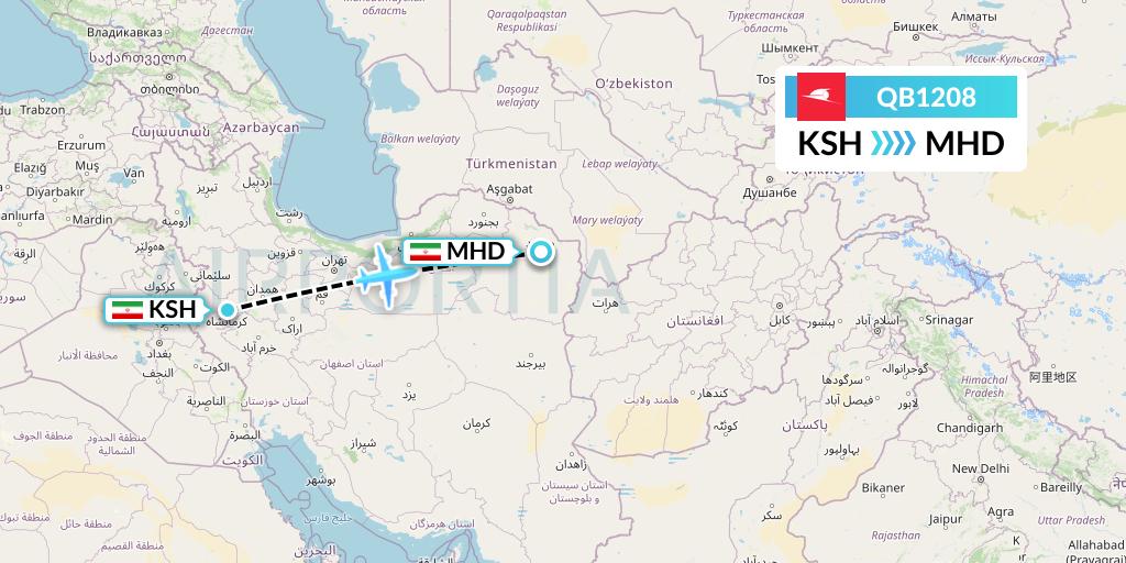 QB1208 Qeshm Airlines Flight Map: Kermanshah to Mashhad