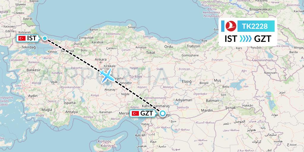 TK2228 Turkish Airlines Flight Map: Istanbul to Gaziantep