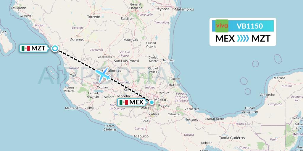VB1150 VivaAerobus Flight Map: Mexico City to Mazatlan