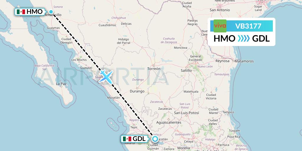 VB3177 VivaAerobus Flight Map: Hermosillo to Guadalajara